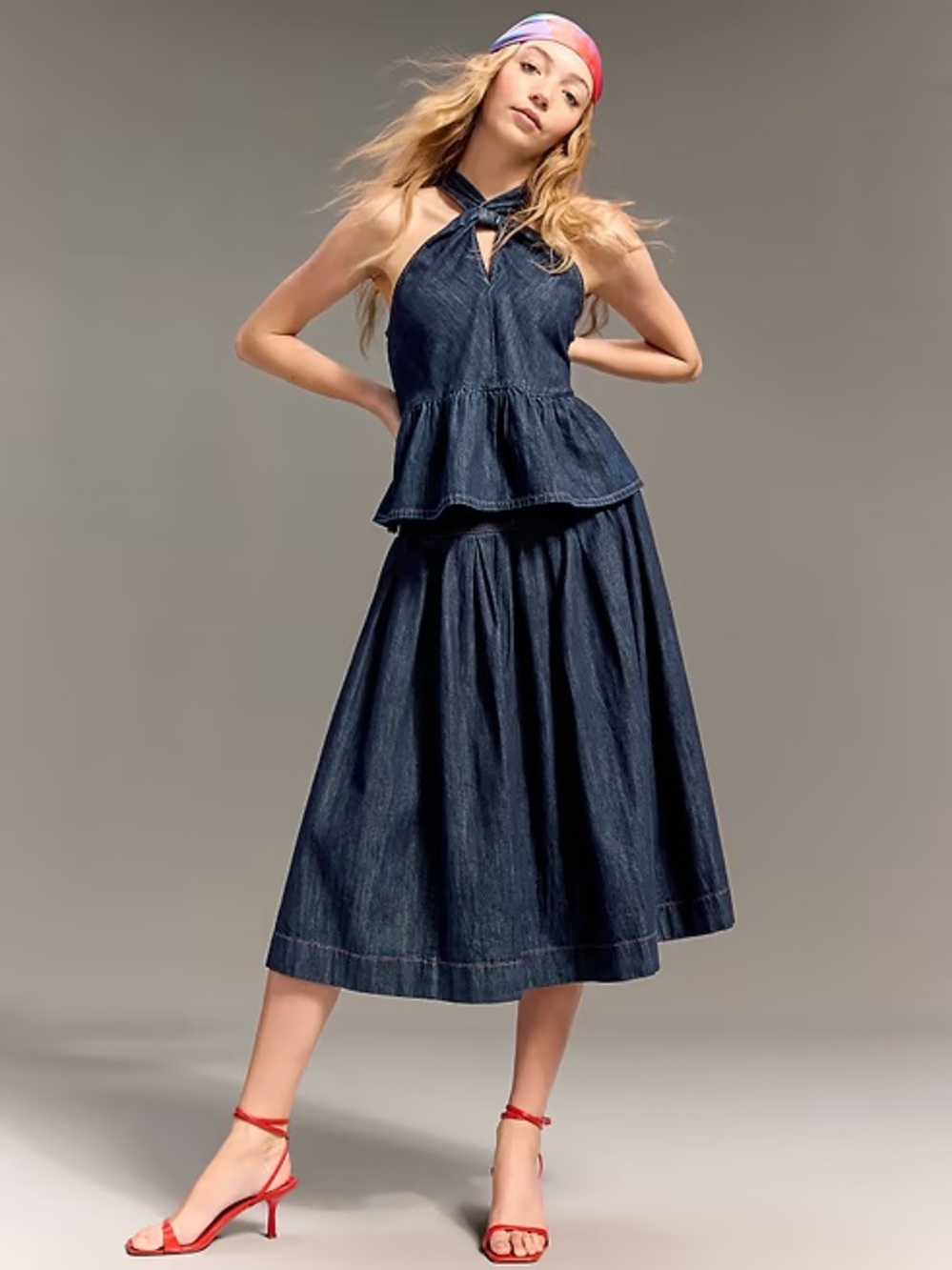 Old Navy x Christopher John Rogers Drop-Waist Jean Denim Midi Skirt Classic BoHo